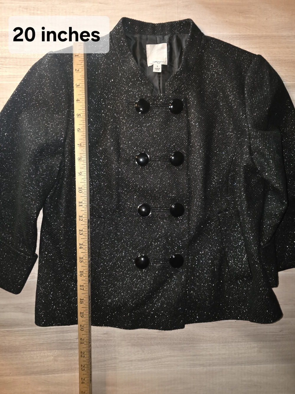 Halogen Black Sparkle Double-Breasted 3/4 Sleeve Pea Coat - Picture 6 of 8